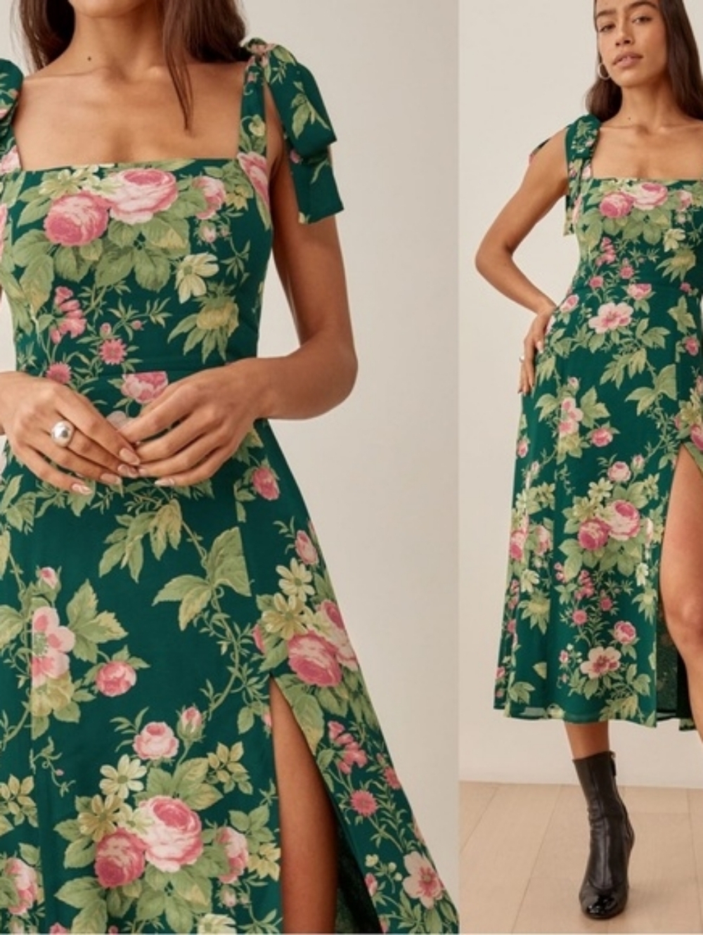 Reformation Dark Green Floral Midi Dress with Pink Blooms - Picture 3 of 6